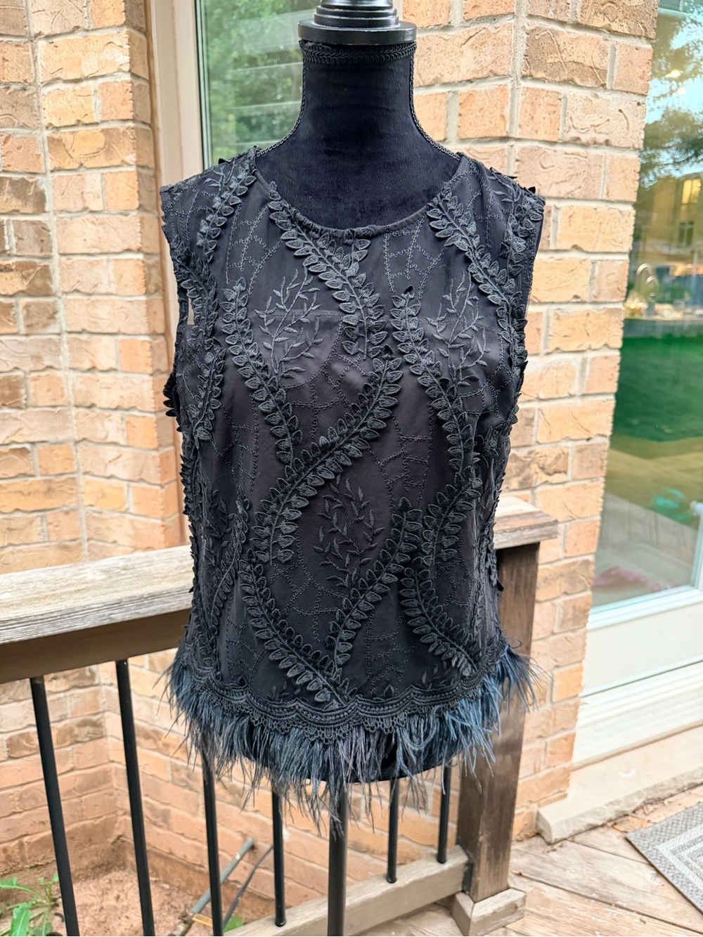 ADIVA Black Lace Sleeveless Shirt Top Feather Trim Women’s Size Medium - Picture 5 of 9